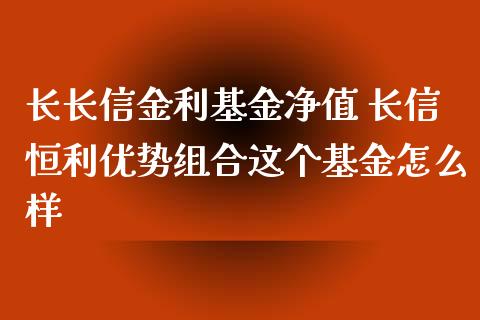 长长信金利基金净值 长信恒利优势组合这个基金怎么样