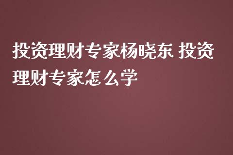 投资理财专家杨晓东 投资理财专家怎么学